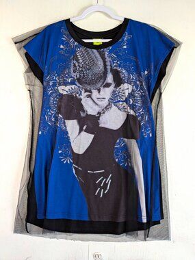 Simon Chang Graphic Print T-Shirt Sheer Mesh Layered Top M